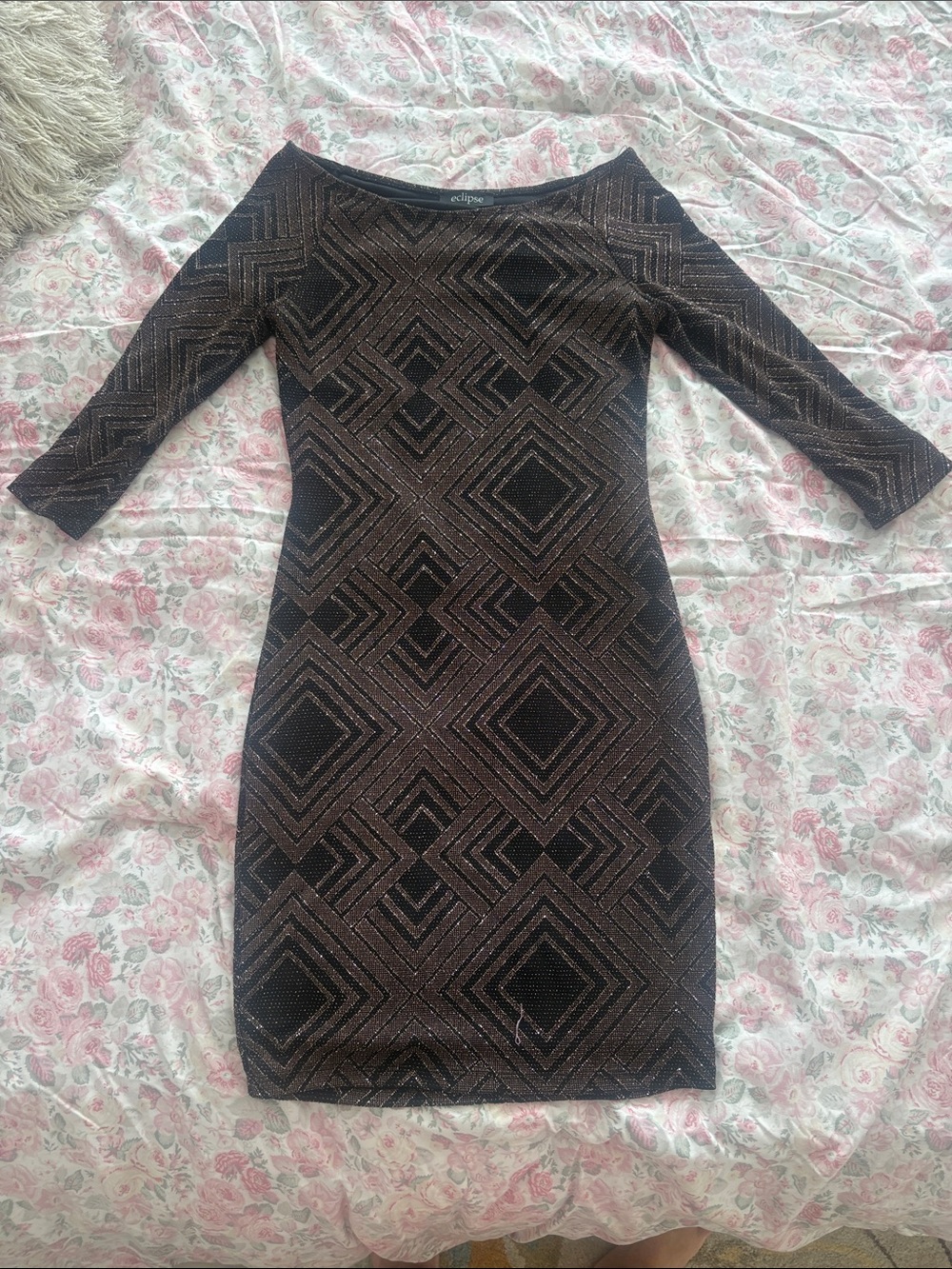 Eclipse Black and Bronze Geometric Midi Dress